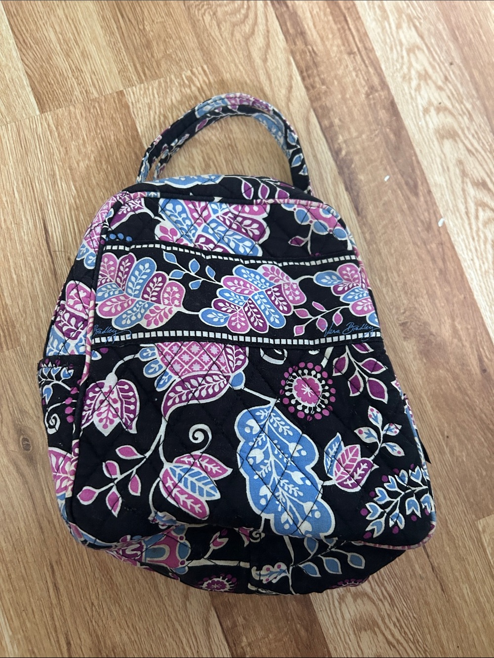 Vera Bradley Black Quilted lunchbox with Pink & Blue Floral Print